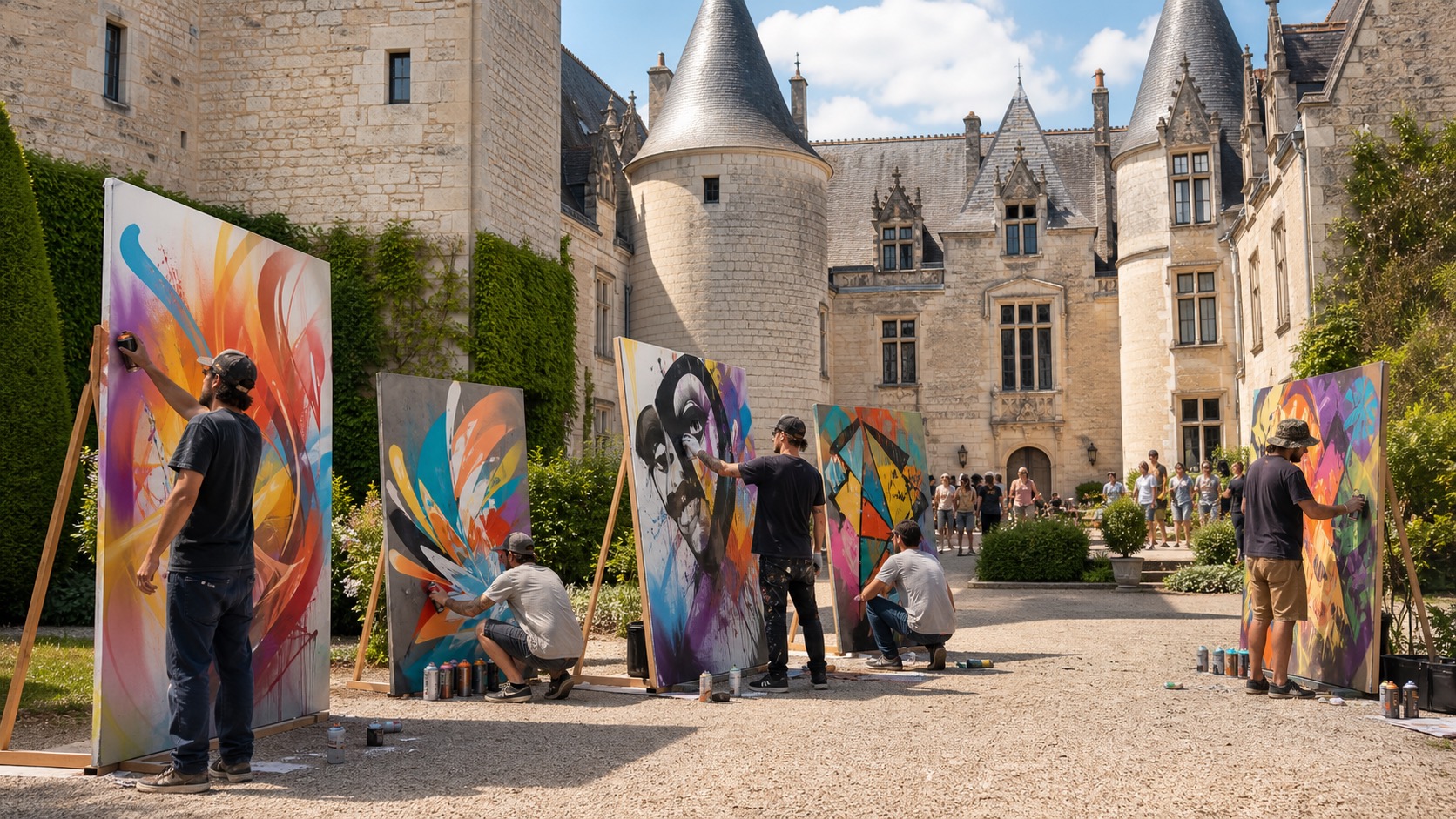 Graffeurs peignant des panneaux colorés dans une cour de château
